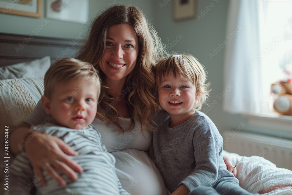 Pregnant mother with children on bed at home Pregnant mother with children on bed at home