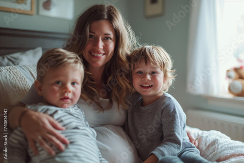 Pregnant mother with children on bed at home