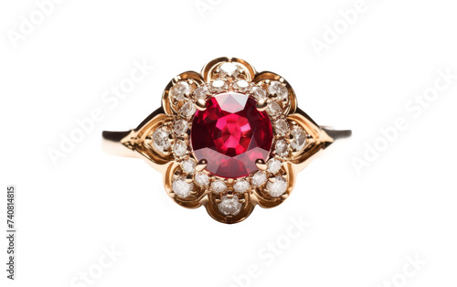 Vintage Cluster Ring with Red Ruby and Diamonds on white background
