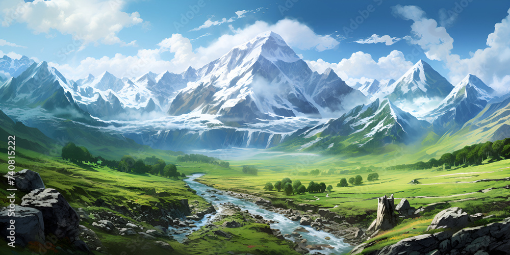 Beautiful mountain landscape with a river in the mountains, Mountains landscape, Green Valley of the Mountains Captivating Landscape, MOUNTAIN PEAKS, Generative AI 