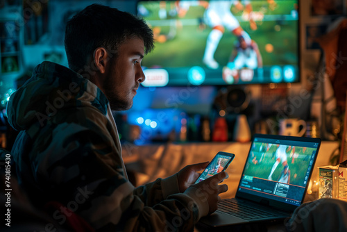 A man watches an online broadcast of a football match and celebrates winning bets on his phone.