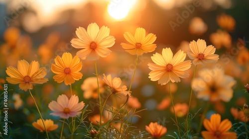 Abstract soft focus sunset field landscape of yellow flowers and grass meadow warm golden hour sunset sunrise time. Tranquil spring summer nature closeup.