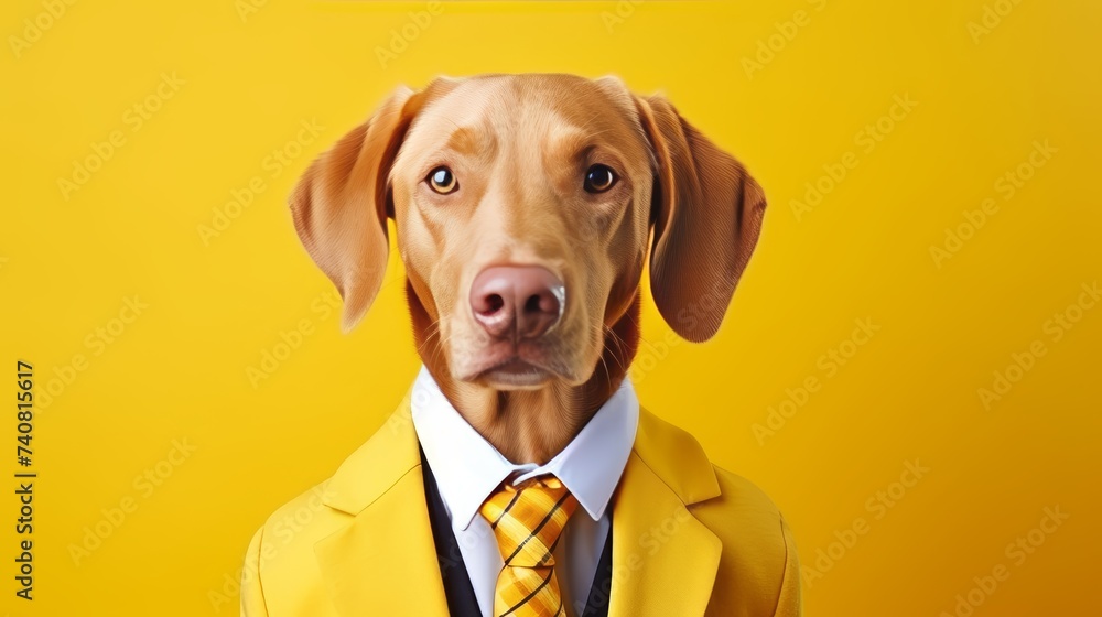 Dog in corporate attire, pretending to work in studio setting with copy space on plain wall Dog in corporate attire, pretending to work in studio setting with copy space on plain wall