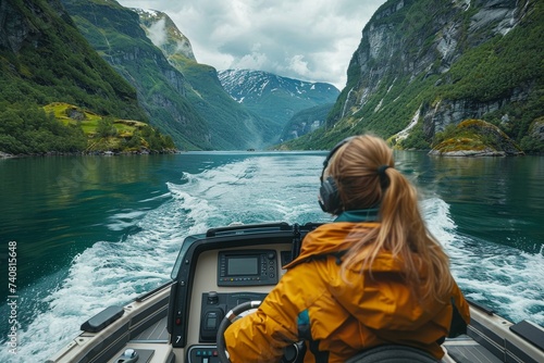 A woman sits in her blue jacket, driving her boat through the tranquil waters of a mountain-framed fjord, with the vast sky and clouds as her only companions on this outdoor journey of nature and tra photo