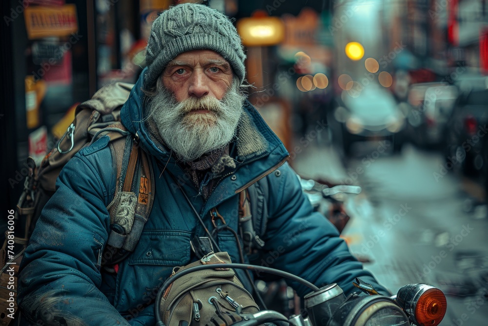A rugged man with a bushy beard and a worn leather jacket rides his sleek motorcycle through the bustling city streets, the wind in his face and the roar of the engine echoing off the buildings