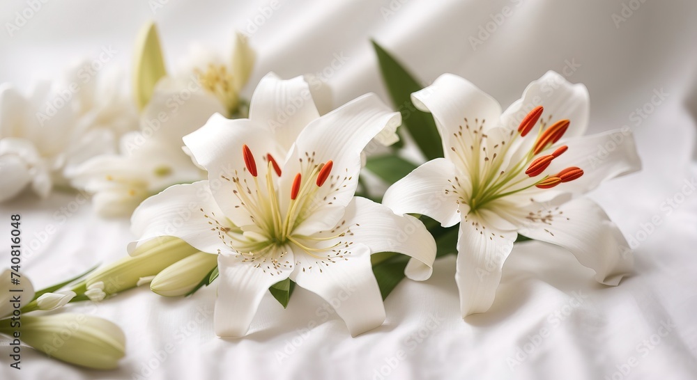 Lily flower on white cotton fabric cloth backgrounds