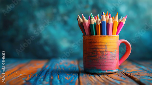 a mug full of colored pencils on a student's desk, textcopy space photo