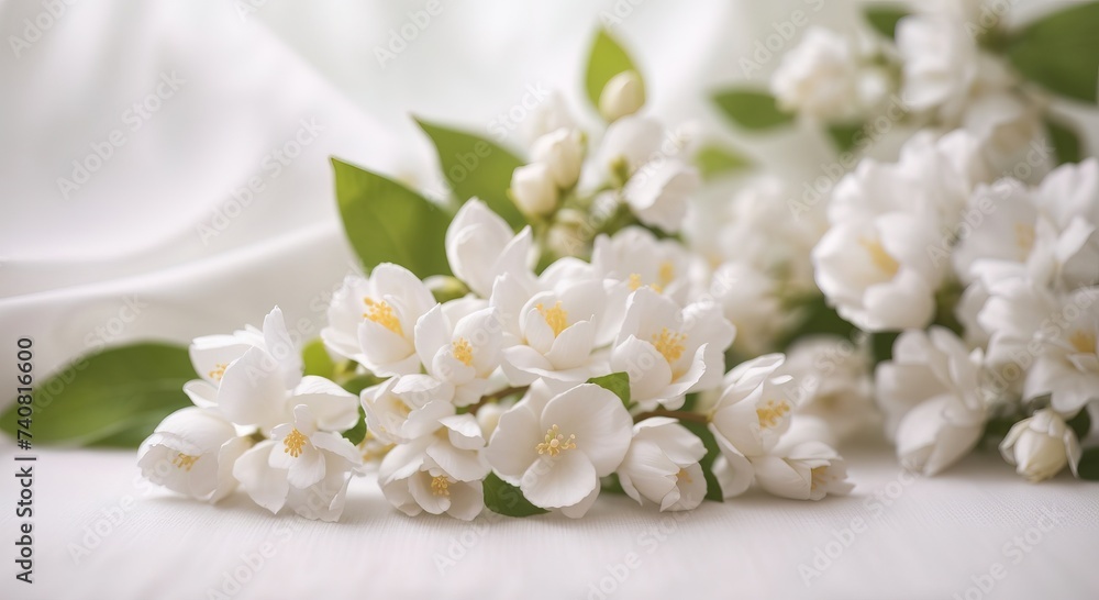 Jasmine flower on white cotton fabric cloth backgrounds Jasmine flower on white cotton fabric cloth backgrounds