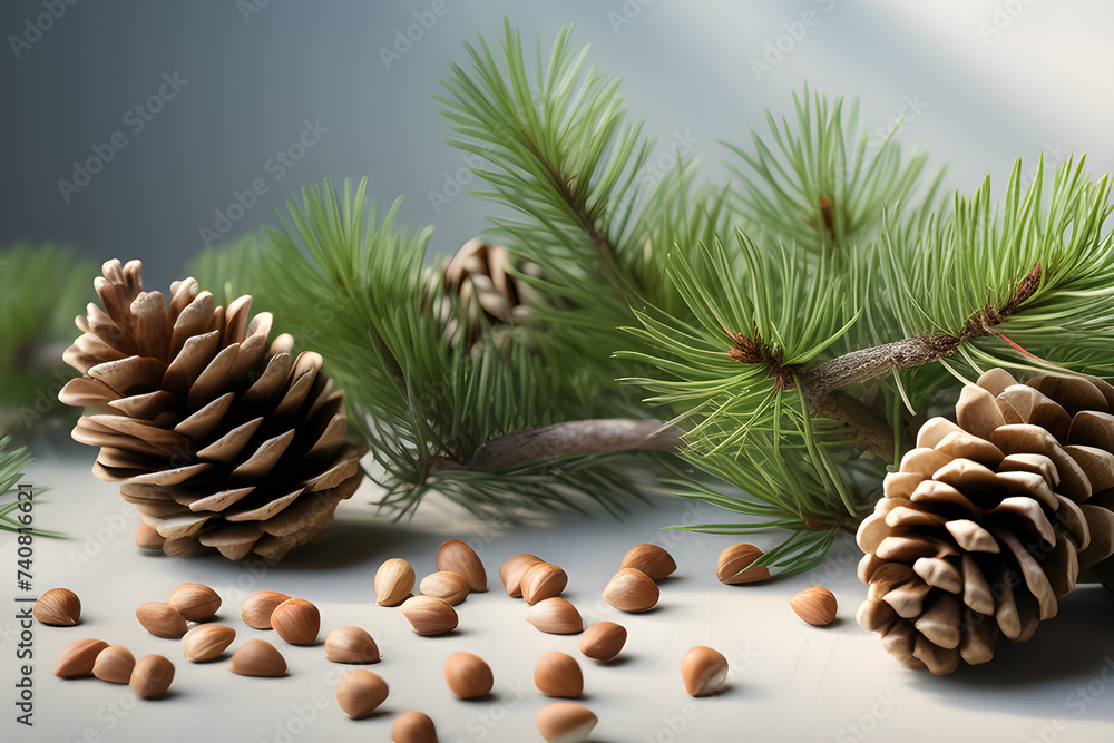 Fototapeta premium Pine cones and pine nuts with a green cedar branch on a light background. Playground AI platform
