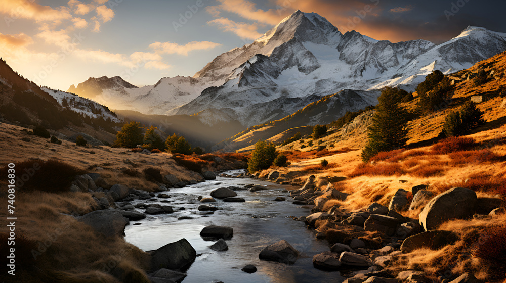 A rocky mountain peak at sunrise, with the first light of day casting a ...