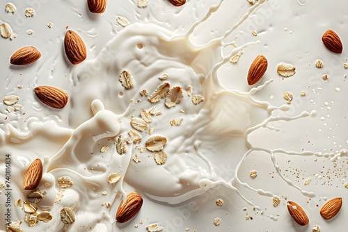 Spattering of Oat Milk and Almonds on a Pristine White Surface. Concept Food Photography, Dairy Alternatives, Minimalistic Design, Culinary Arts, Healthy Lifestyle