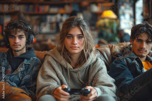 Friends enjoying video game at home photo