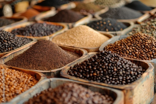 A variety of food  spices on the market. Close-up.