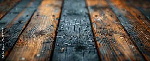 Close-up of water droplets scattered on a wooden floor, reflecting light and creating a shimmering effect