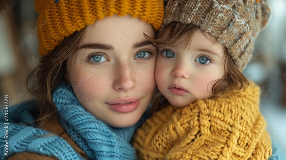 Portrait of a beautiful, young woman in a knitted sweater with a cute, blue-eyed child. Expressive look and glamorous look of a young lady with a small baby Portrait of a beautiful, young woman in a knitted sweater with a cute, blue-eyed child. Expressive look and glamorous look of a young lady with a small baby