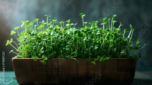 Closeup of vibrant green microgreen sprouts in pot illuminated by artificial light. Modern indoor organic gardening concept.