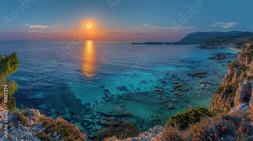 Full Moon Over the Red Sea at sunset. photo