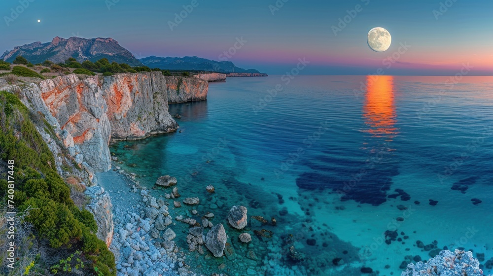 Fototapeta premium Full Moon Over the Red Sea at sunset.