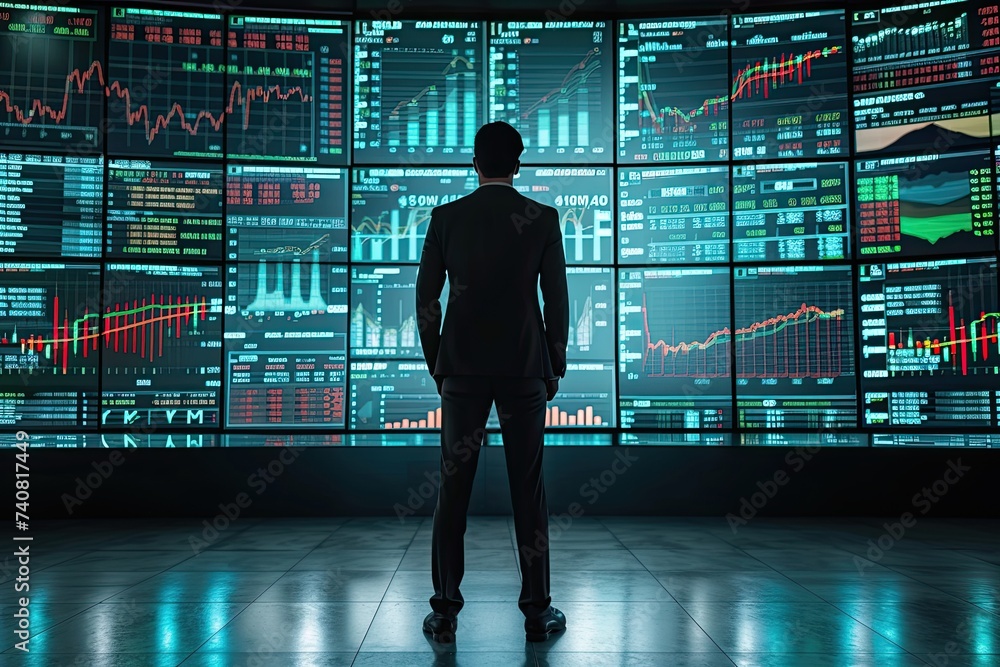 Fototapeta premium Confident businessman analyzing stock market growth and success, standing in front of a digital screen with financial statistics
