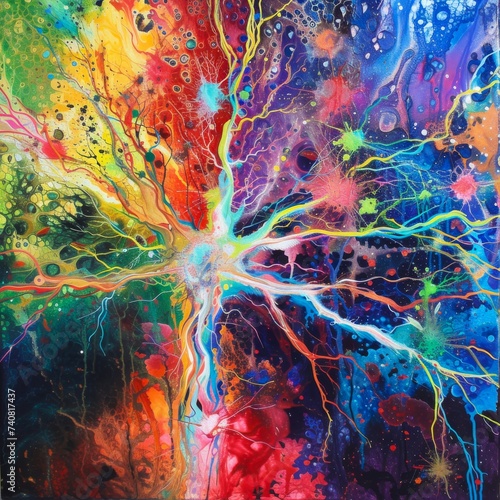 Colorful interpretation of the flow of communication between neuron cells photo
