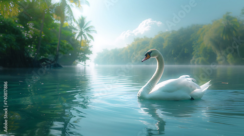 a swan in calm water with a tropical background © growth.ai