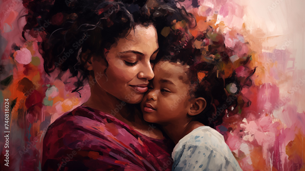 Happy ethnic family. African American mother and daughter smile and laugh, enjoy moments of tenderness gentle touch close up image, love care protection and caress concept