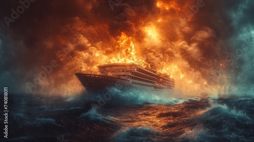 In the midst of a raging storm at sea, a massive passenger ship succumbs to fire and colossal waves, unable to rescue its passengers and crew. photo