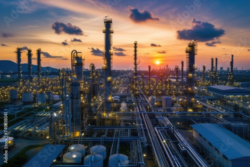 Industrial panorama view of oil refinery plant from an industrial zone. Capturing the complexity and scale of industrial processes