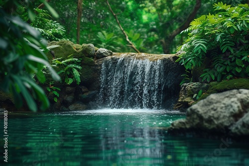 A hidden waterfall cascading into a crystal-clear pool  surrounded by lush greenery and exotic birdsong.