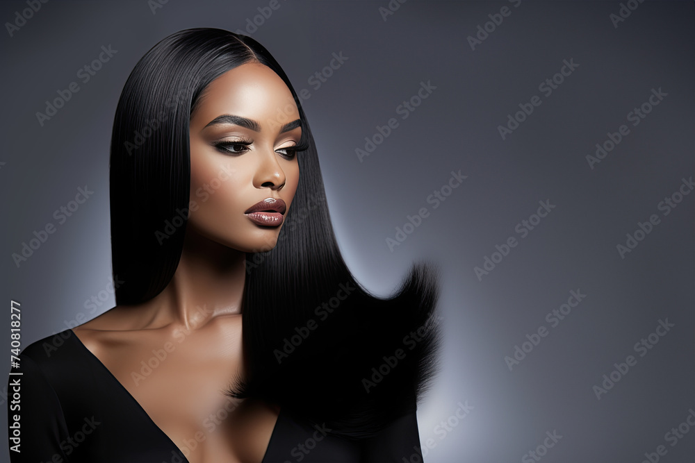 Beautiful woman with long straight black hair. Portrait of fashion model posing in studio. Gray copy space background. Beautiful woman with long straight black hair. Portrait of fashion model posing in studio. Gray copy space background.