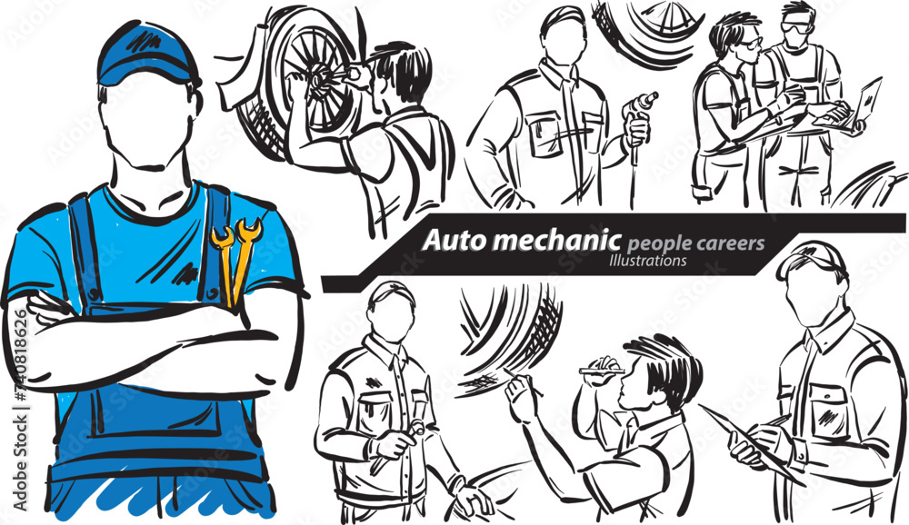 auto mechanic career profession work doodle design drawing vector illustration