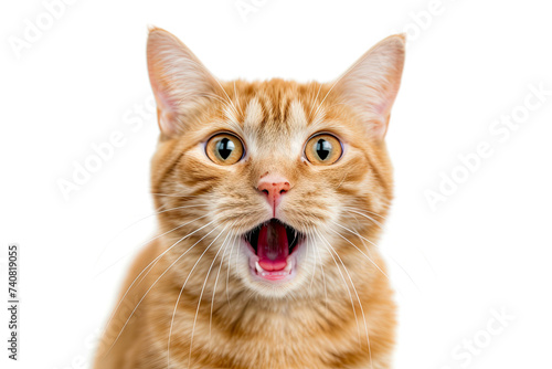 close up orange cat surprised with mouth open isolated on white background
