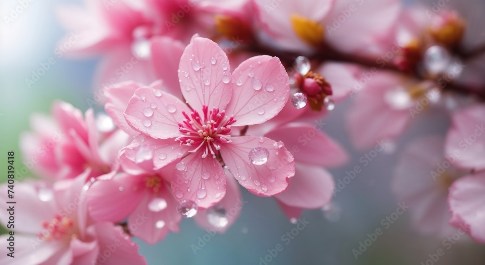 Closeup of dew drops on sakura flower macro photography Closeup of dew drops on sakura flower macro photography