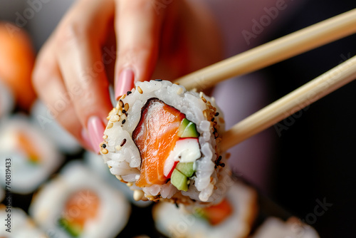 Close-up of female hands holding sushi roll with chopsticks