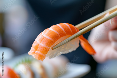 Close-up salmon nigiri sushi in chopsticks.