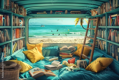 Beachside Book Nook: A cozy car filled with books and beanbags, creating a quiet haven for bibliophiles to relax and read on the beach. photo