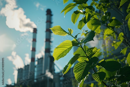 Into a bright, sunny sky framed by vibrant green leaves, a power plant's cooling tower releases water vapor, symbolizing the harmony of advanced energy technology with environmental protection. photo