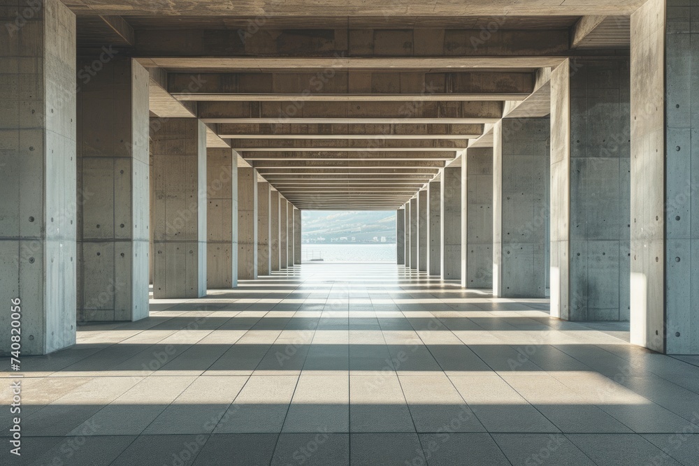 A long tunnel with concrete columns and a marble floor, illuminated by daylight. Long wide corridor of a building with columns in the summer daytime. Copy space.