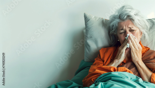 elderly woman sick in bed blowing up her nose