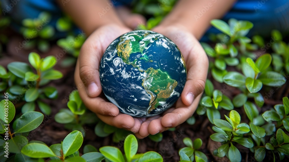 Kid's Hands Keep a Miniature Earth Planet. Vibrant Greenery and Soil in Background. Ecology, Environmental Protection, And Earth Day. AI Generated