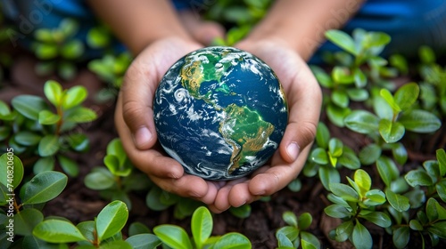 Kid's Hands Keep a Miniature Earth Planet. Vibrant Greenery and Soil in Background. Ecology, Environmental Protection, And Earth Day. AI Generated