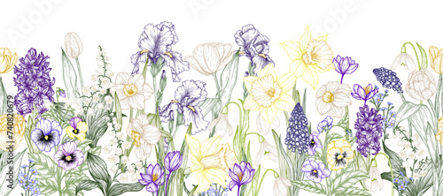 Seamless horizontal vector pattern of blooming spring garden. Snowdrops, crocuses, brunnera, tulips, muscari, hyacinths, irises, daffodil, pansies, lily of the valley