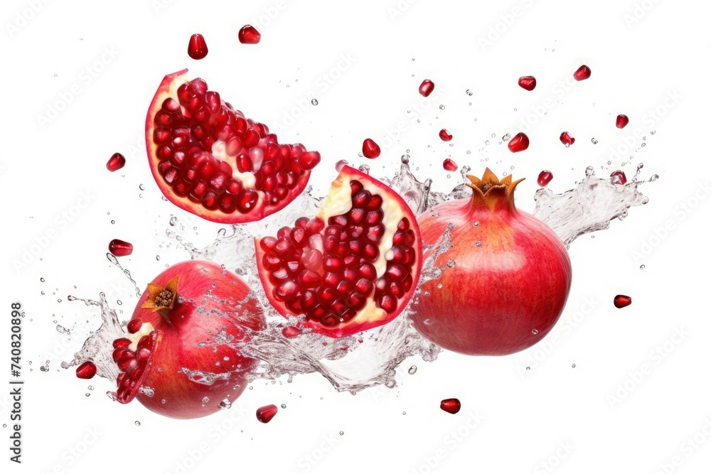 Flying juicy chopped pomegranate on white background. Food levitation Flying juicy chopped pomegranate on white background. Food levitation