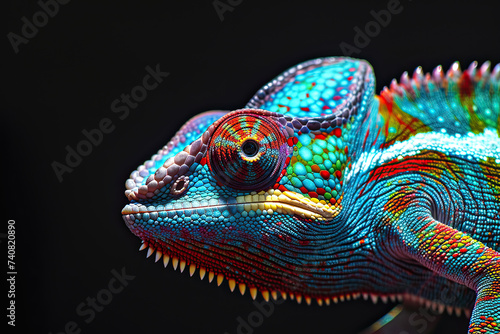 colorful chameleon sitting on black background