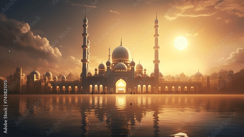 Beautiful sunset over the mosque. Ramadan Kareem. Muslim holiday. generative ai