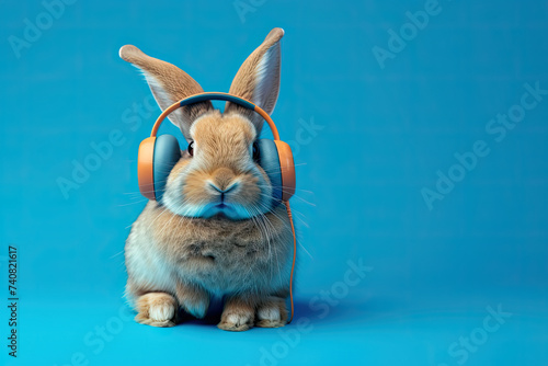 a bunny rabbit wearing headphones isolated on blue background photo