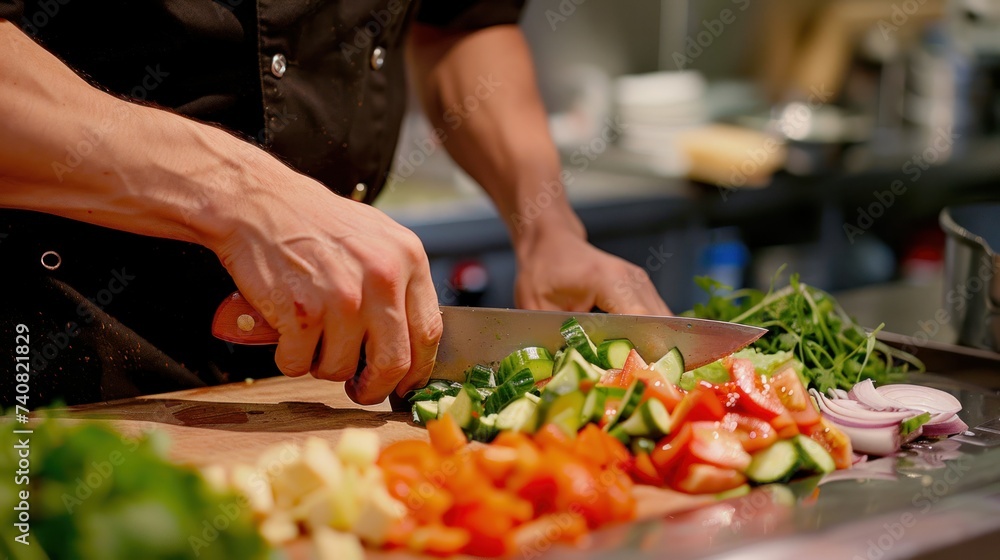 Chef Precisely Chopping Vegetables for Meal Prep. A chef's skilled hands are in action, finely chopping a variety of fresh vegetables on a wooden cutting board in a professional kitchen.