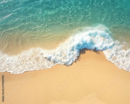 Aerial view of coastline with ocean waves, blue waters, foam, white sand beach summer seascape