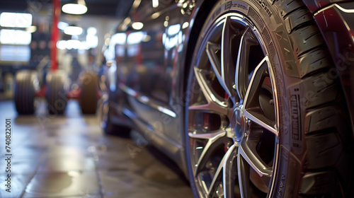close up of a car wheel in auto repair shop © The Stock Photo Girl