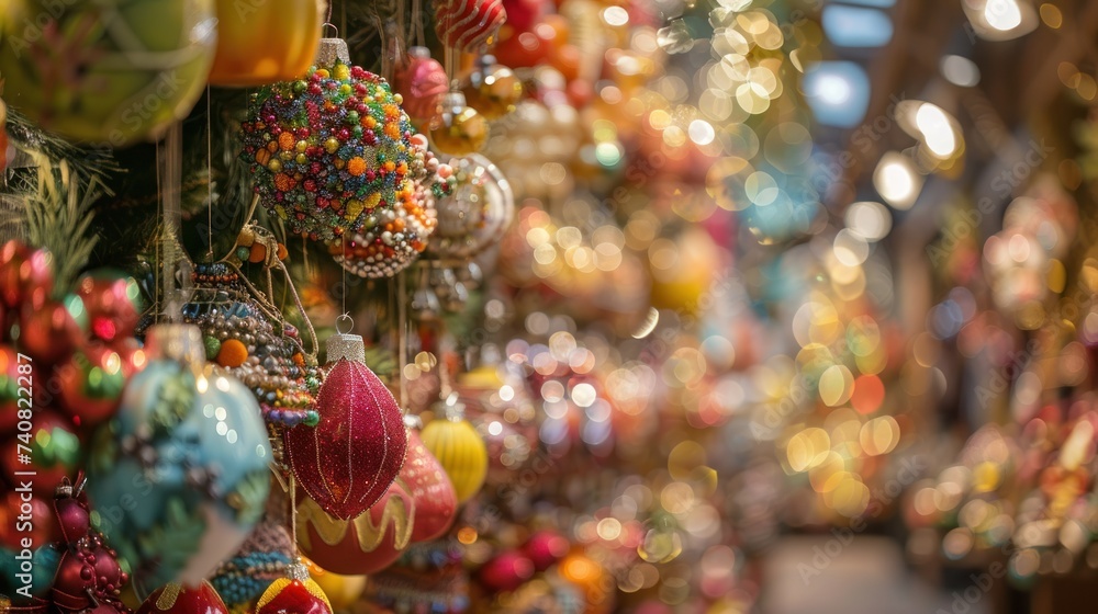 Christmas Market Decorations with Colorful Ornaments. A dazzling display of colorful Christmas ornaments and decorations at a festive holiday market.